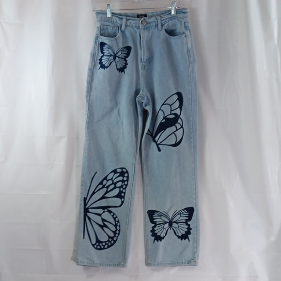 Simple Society Women's Juniors Size 7 Butterfly Print Light Wash Denim Jeans - Picture 1 of 9